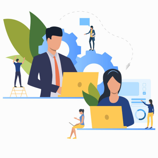 Organization flat icon. Person working at laptop, company structure, unit, department. Teamwork concept. Can be used for topics like leadership, unity, distance work