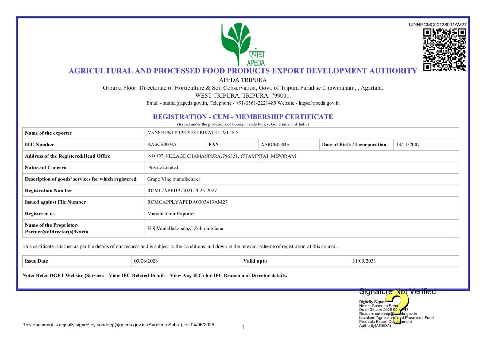 APEDA RCMC Certificate Sample