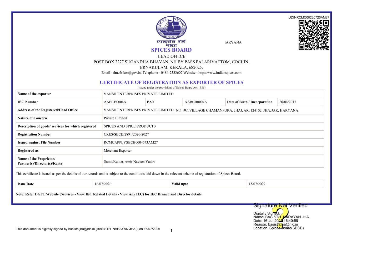 Spice Board CRES RCMC Certificate Sample